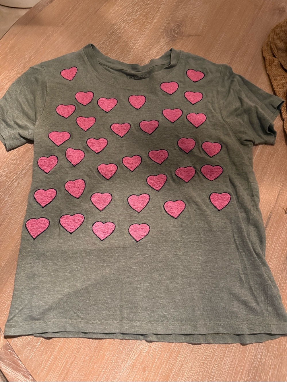 Women’s Green Tee with Pink Heart Appliqués